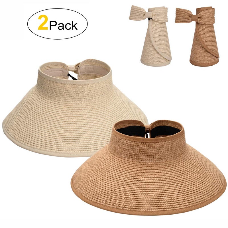 MAYLISACC 2 Pack Straw Sun Visors for Women UPF50+ Floppy Wide Brim, Foldable Topless Beach Hats UV Protection Khaki&Beige - Image 3